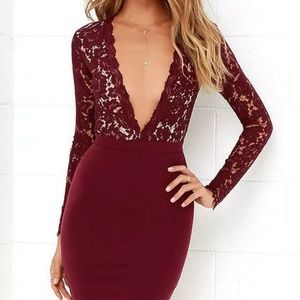 SWOON-ER OR LATER BURGUNDY LONG SLEEVE LACE DRESS